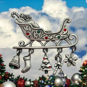 Christmas Sleigh Brooch Dangling Bell Socks Tree Candy Cane Snowflake Charms
